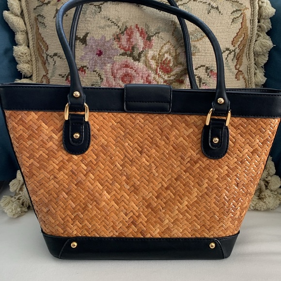 Etienne Aigner Elegant Black Leather and Tan Straw Tote Bag - Picture 5 of 14